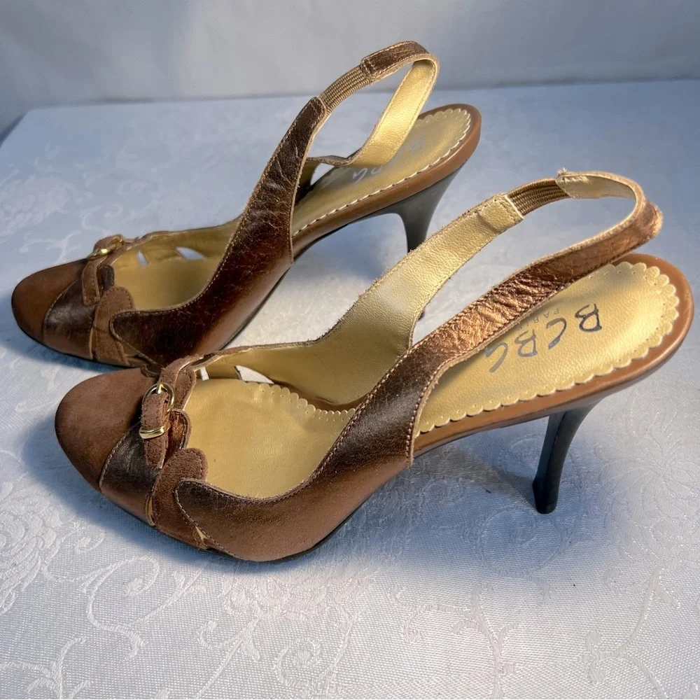 BCBG Paris Shoes Brown Suede Buckle Sling Back 4” Stiletto Heels 7.5